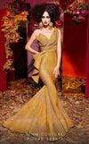 MNM Couture 2425 long mermaid gown with asymmetric neckline and stylized brocade design.| Couture Shop LA
