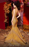 MNM Couture 2425 long mermaid gown with asymmetric neckline and stylized brocade design.| Couture Shop LA