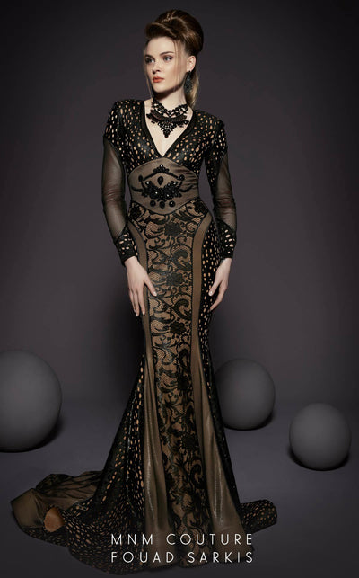 An elegant MNM Couture 2468 sheath gown with long sleeves, a fitted bodice, intricate lace details, and a sweep train, exemplifying modern couture sophistication. | Couture Shop LA