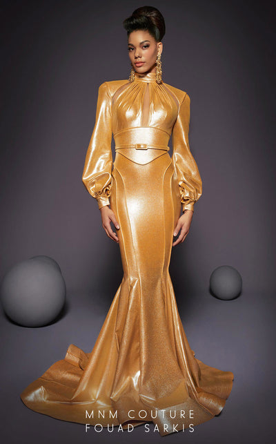 MNM Couture 2474 coral trumpet gown with cut-out high neckline and slim fit |Couture Shop LA