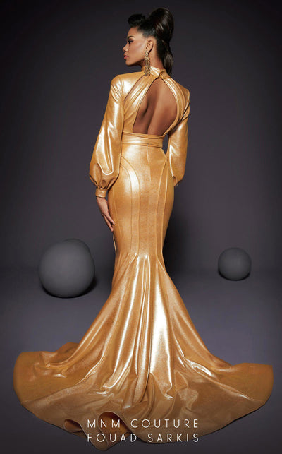 MNM Couture 2474 coral trumpet gown with cut-out high neckline and slim fit |Couture Shop LA