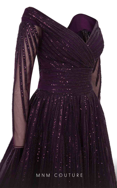 MNM Couture 2490 purple ball gown with beaded V-neckline and sequined accents | Couture Shop LA