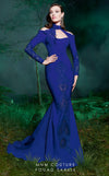 MNM Couture 2502 gown with sheer patches, leaf motif neckline, and a fitted silhouette.| Couture Shop LA