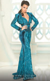 MNM Couture 2517 teal gown with velvet, sheer sleeves, and a straight-line mermaid-inspired hemline. | Couture Shop LA