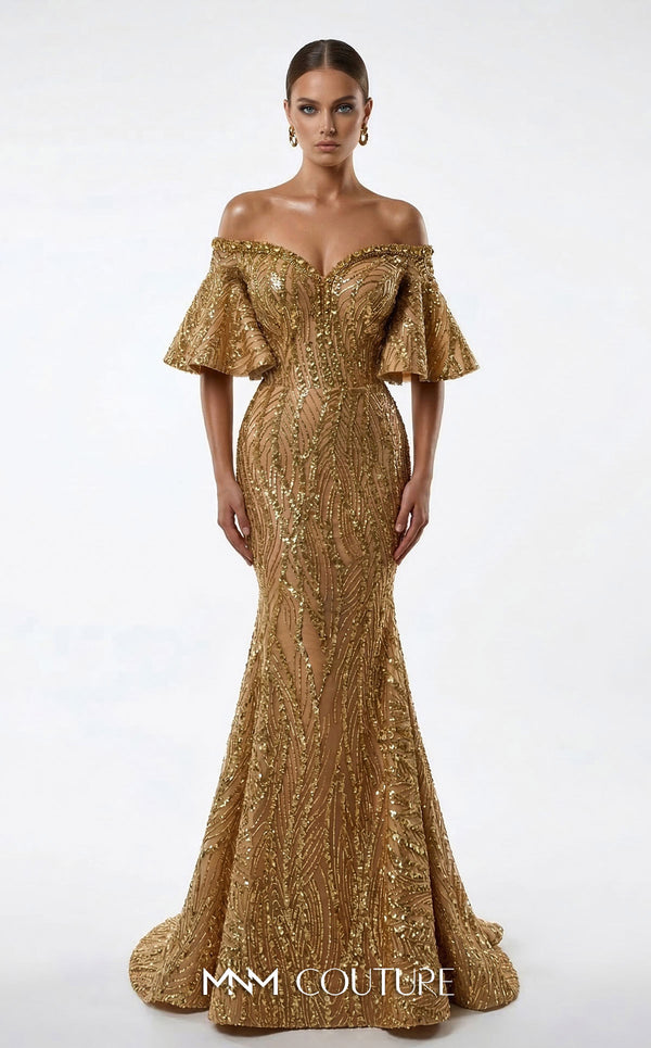 MNM Couture 2529A fully beaded mermaid gown with sweetheart neckline and off-shoulder flared cap sleeves | Couture Shop LA.