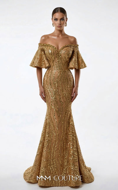MNM Couture 2529A fully beaded mermaid gown with sweetheart neckline and off-shoulder flared cap sleeves | Couture Shop LA.
