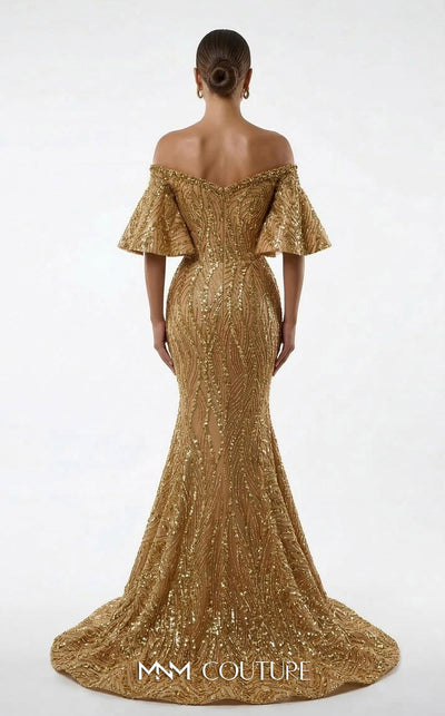 MNM Couture 2529A fully beaded mermaid gown with sweetheart neckline and off-shoulder flared cap sleeves | Couture Shop LA.