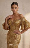 MNM Couture 2529A fully beaded mermaid gown with sweetheart neckline and off-shoulder flared cap sleeves | Couture Shop LA.