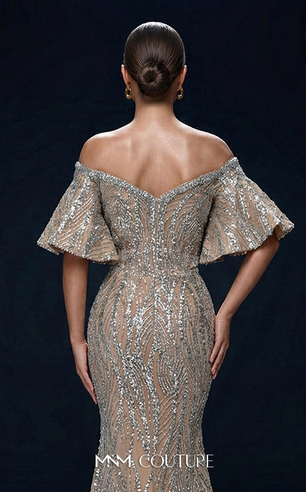 MNM Couture 2529A fully beaded mermaid gown with sweetheart neckline and off-shoulder flared cap sleeves | Couture Shop LA.