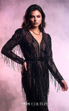 MNM Couture 2552A burgundy black fit and flare gown with deep V-neckline and sequin tassels | Couture Shop LA