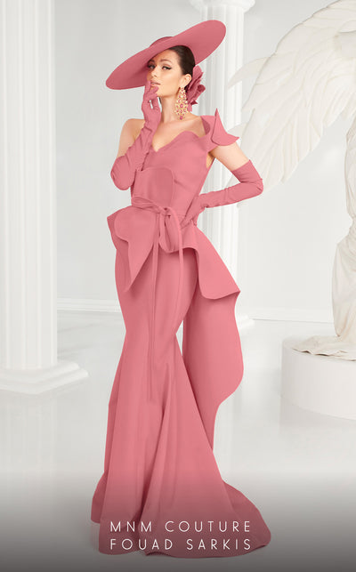 MNM Couture 2553 trumpet gown with flap design, semi-sweetheart neckline, and draped fabric details. | Couture Shop LA