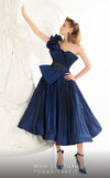 MNM Couture 2565 midi dress with pleats, peplum style, and a one-shoulder design with decorative belt. | Couture Shop LA