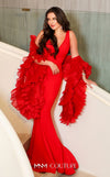 MNM Couture 2575 long bodycon gown with semi-sweetheart neckline, ruffled sleeves, and pleated details. | Couture Shop LA