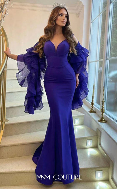 MNM Couture 2575 long bodycon gown with semi-sweetheart neckline, ruffled sleeves, and pleated details. | Couture Shop LA