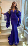 MNM Couture 2575 long bodycon gown with semi-sweetheart neckline, ruffled sleeves, and pleated details. | Couture Shop LA