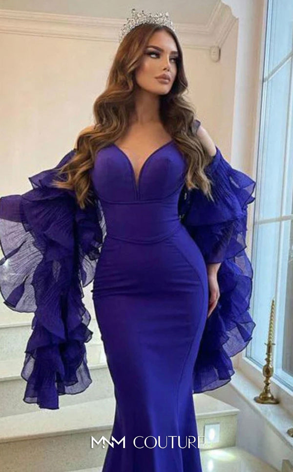 MNM Couture 2575 long bodycon gown with semi-sweetheart neckline, ruffled sleeves, and pleated details. | Couture Shop LA