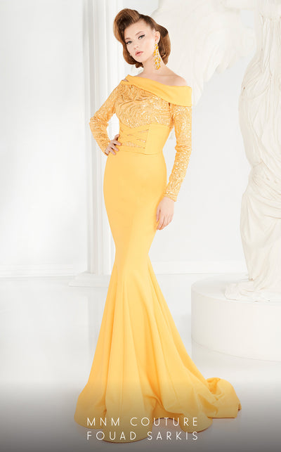 MNM Couture 2578 fitted mermaid gown with a side cutout, sequined top, and draped fabric accents. | Couture Shop LA