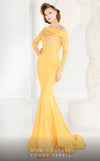 MNM Couture 2578 fitted mermaid gown with a side cutout, sequined top, and draped fabric accents. | Couture Shop LA