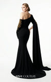 MNM Couture 2606A black stretch crepe off-shoulder mermaid gown with sweetheart neckline, left sheer illusion glove sleeve in gold metallic floral lace, right floor-length crepe cape drape with gold lace, open upper back, and sweep train | Couture Shop LA