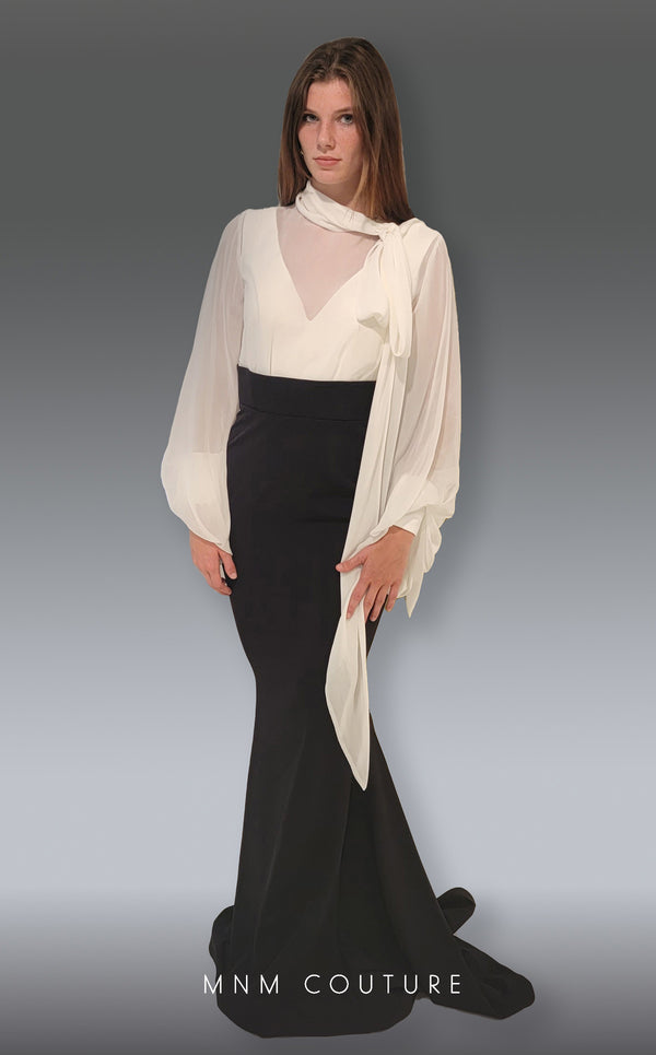 A captivating MNM Couture 2637A mermaid gown showcasing bishop sleeves, a jewel neckline, and a sweep train for high-fashion elegance. | Couture Shop LA