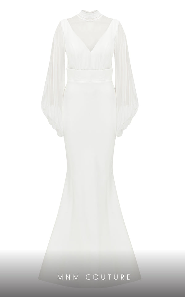 A captivating MNM Couture 2637A mermaid gown showcasing bishop sleeves, a jewel neckline, and a sweep train for high-fashion elegance. | Couture Shop LA