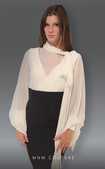 A captivating MNM Couture 2637A mermaid gown showcasing bishop sleeves, a jewel neckline, and a sweep train for high-fashion elegance. | Couture Shop LA