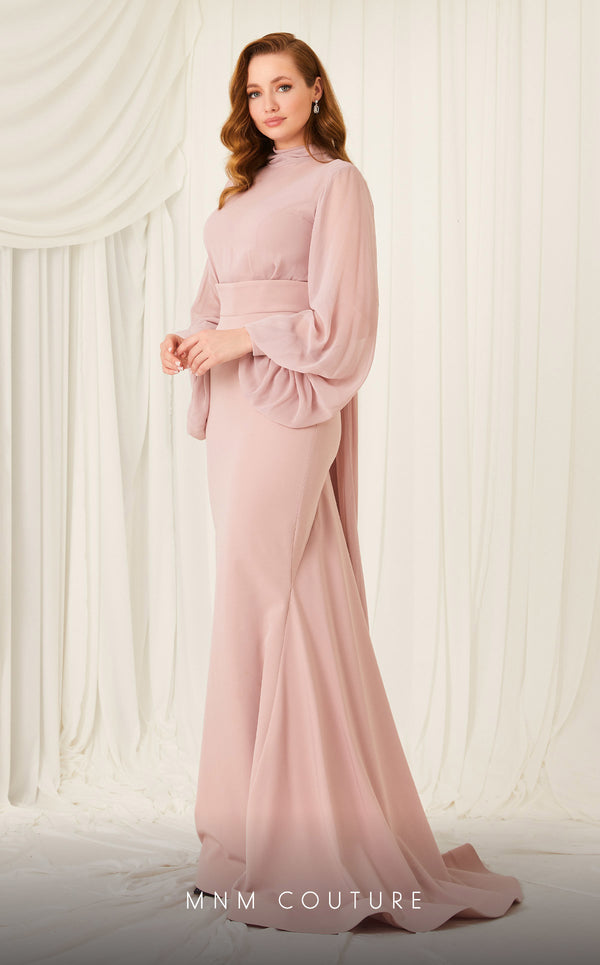 A sophisticated MNM Couture 2637B gown featuring an illusion high neckline, bishop sleeves, full back, and a sweep train in premium crepe and chiffon fabric. | Couture Shop LA