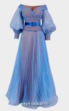 MNM Couture 2686 organza crinkle flared dress with embroidered details, belt, and puffed sleeves.