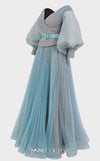 MNM Couture 2686 organza crinkle flared dress with embroidered details, belt, and puffed sleeves.