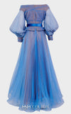 MNM Couture 2686 organza crinkle flared dress with embroidered details, belt, and puffed sleeves.