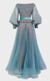 MNM Couture 2686 organza crinkle flared dress with embroidered details, belt, and puffed sleeves.