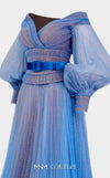 MNM Couture 2686 organza crinkle flared dress with embroidered details, belt, and puffed sleeves.