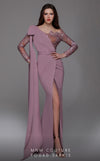 A stunning MNM Couture 2688 sheath gown with a crepe and lace design, asymmetrical neckline, long sleeves, high slit, and an elegant cape. | Couture Shop LA
