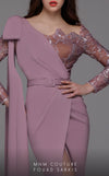 A stunning MNM Couture 2688 sheath gown with a crepe and lace design, asymmetrical neckline, long sleeves, high slit, and an elegant cape. | Couture Shop LA