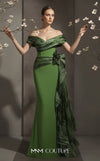 MNM Couture Style 2692A green and lilac mermaid gown with a pleated off-the-shoulder neckline and a ruffled side peplum. | Couture Shop LA