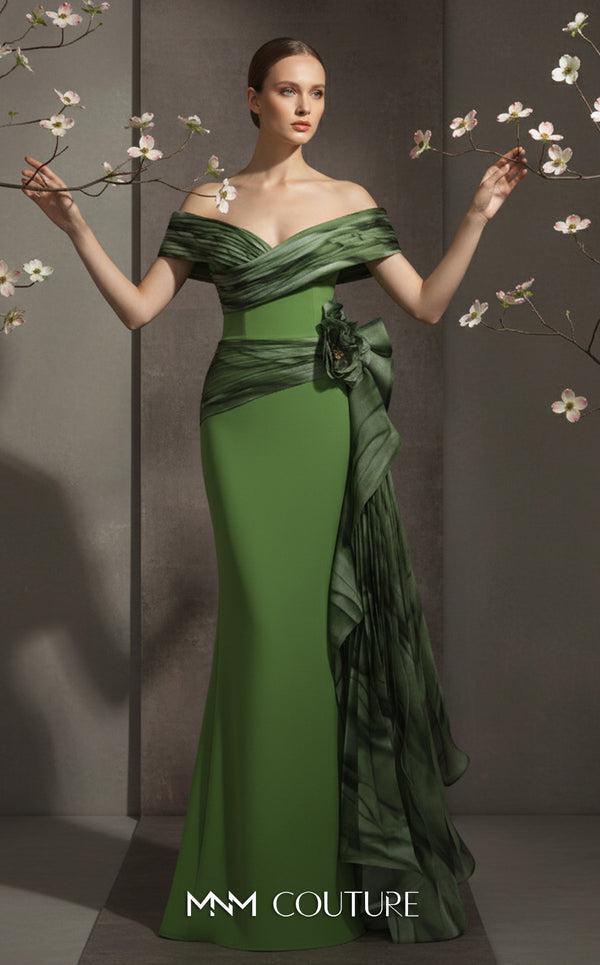 MNM Couture Style 2692A green and lilac mermaid gown with a pleated off-the-shoulder neckline and a ruffled side peplum. | Couture Shop LA