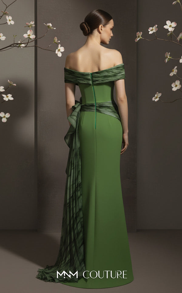 MNM Couture Style 2692A green and lilac mermaid gown with a pleated off-the-shoulder neckline and a ruffled side peplum. | Couture Shop LA