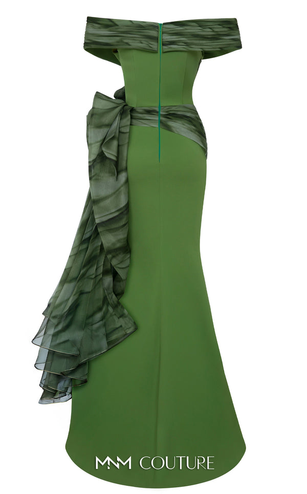 MNM Couture Style 2692A green and lilac mermaid gown with a pleated off-the-shoulder neckline and a ruffled side peplum. | Couture Shop LA