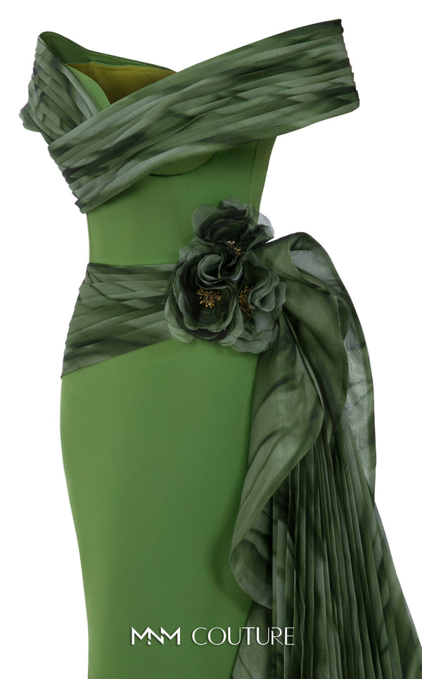 MNM Couture Style 2692A green and lilac mermaid gown with a pleated off-the-shoulder neckline and a ruffled side peplum. | Couture Shop LA