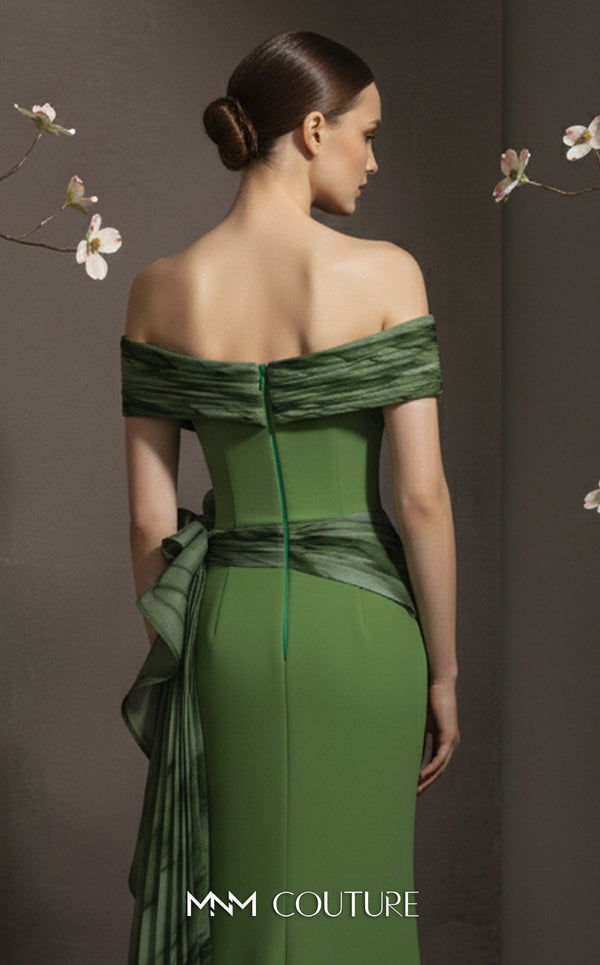 MNM Couture Style 2692A green and lilac mermaid gown with a pleated off-the-shoulder neckline and a ruffled side peplum. | Couture Shop LA