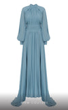 MNM Couture 2706A chiffon pants with flowing tails, puffed sleeves, high neckline, and draped waist.