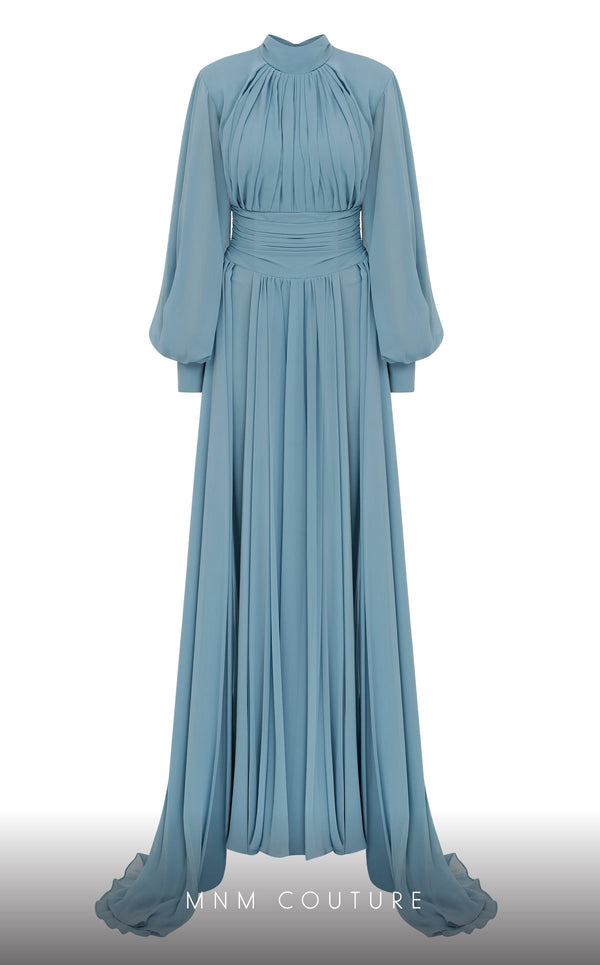MNM Couture 2706A chiffon pants with flowing tails, puffed sleeves, high neckline, and draped waist.