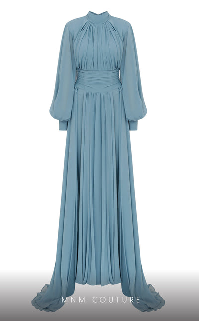 MNM Couture 2706A chiffon pants with flowing tails, puffed sleeves, high neckline, and draped waist.