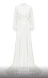 MNM Couture 2706A chiffon pants with flowing tails, puffed sleeves, high neckline, and draped waist.