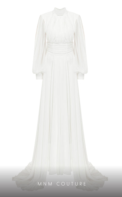 MNM Couture 2706A chiffon pants with flowing tails, puffed sleeves, high neckline, and draped waist.
