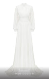 MNM Couture 2706A chiffon pants with flowing tails, puffed sleeves, high neckline, and draped waist.
