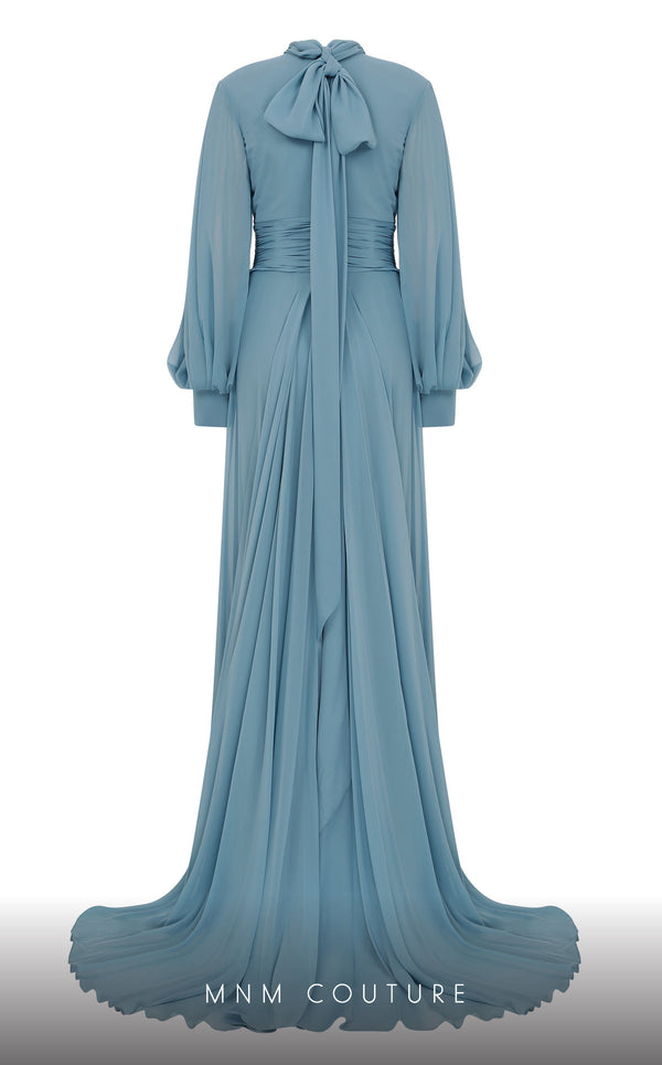 MNM Couture 2706A chiffon pants with flowing tails, puffed sleeves, high neckline, and draped waist.