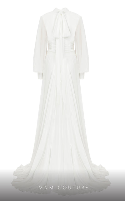 MNM Couture 2706A chiffon pants with flowing tails, puffed sleeves, high neckline, and draped waist.