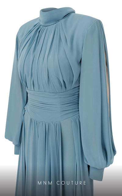 MNM Couture 2706A chiffon pants with flowing tails, puffed sleeves, high neckline, and draped waist.