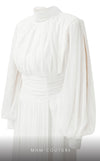 MNM Couture 2706A chiffon pants with flowing tails, puffed sleeves, high neckline, and draped waist.